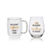Double Wall Mug and Stemless Wine Glass Set of 2. Caffeine Wine Sentiment