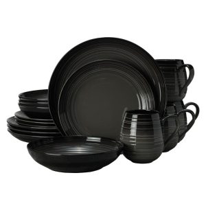 Swirl Black Coupe with Graphite Ombre Accent 16 Piece Dinnerware Set. Service for 4
